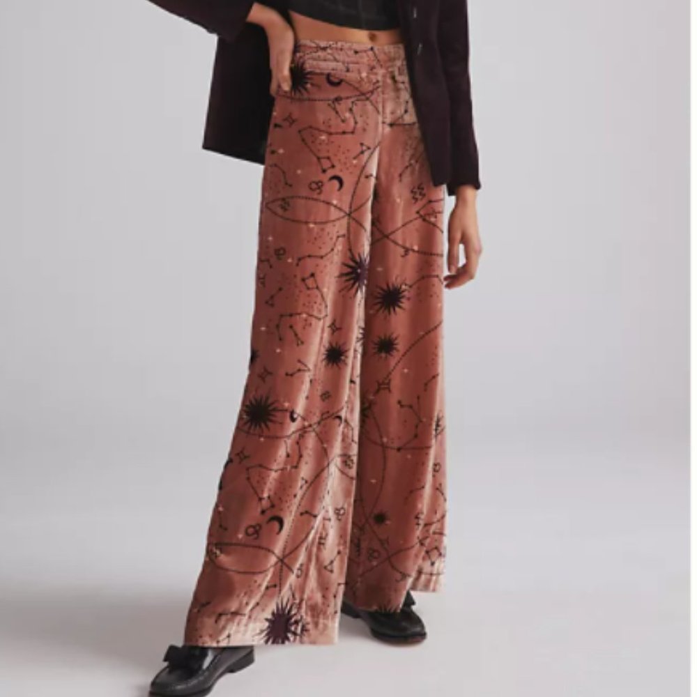 Embroidered Velvet Wide-Leg Pants